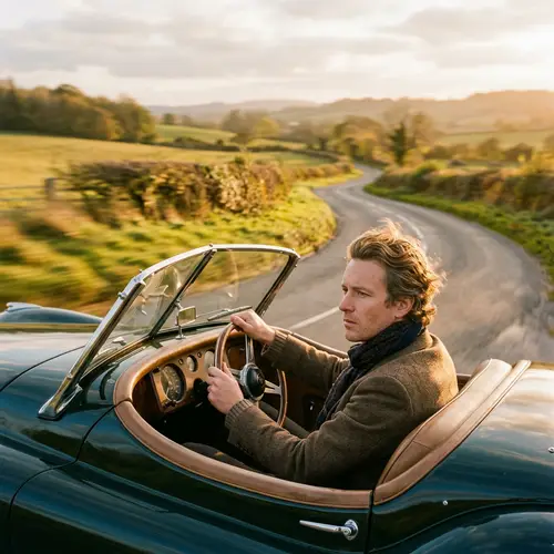 Caucasian Poet Contemplating in Luxury Car Speeding Through Sunlit Countryside
