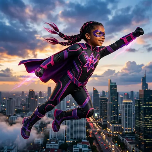 Young Girl Superhero: Black Suit with Pink & Purple Details