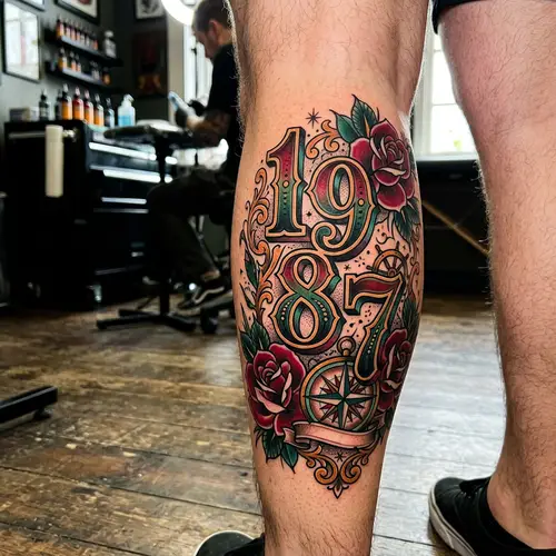 Neotraditional Style Leg Tattoo with Numbers