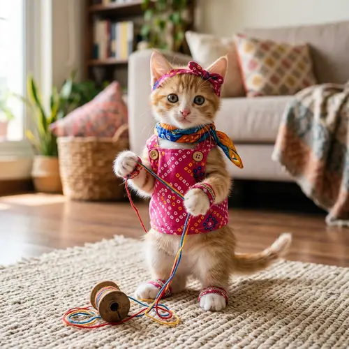 Adorable Kitten in Pink Tank Top with Indian Print