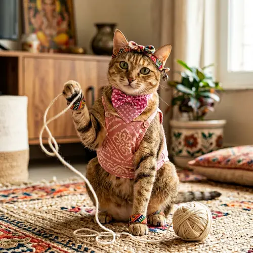 Adorable Cat in Cotton Pink Tank Top with Accessories