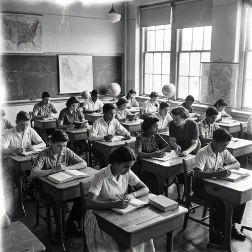 Vintage Classroom Scene: Diverse Students Engaged in Studies
