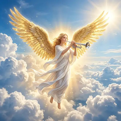 Glorious Angel with Golden Wings and Silver Trumpet in Sunlit Skies