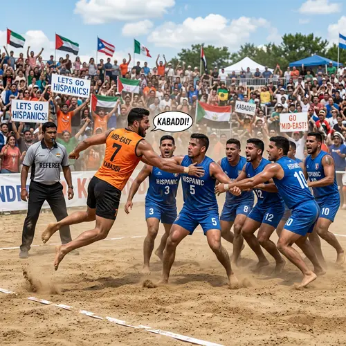 Intense Kabaddi Match on Sandy Field - Athletic Teams Clash Under Sunny Sky