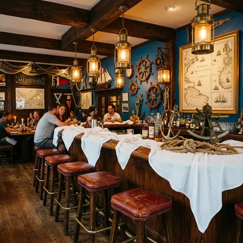 Nautical-Themed Restaurant | Azure Hues, Antique Decor, Red Oak Bar