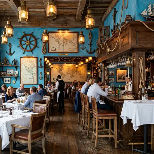 Nautical Themed Restaurant with Azure Hues and Antique Decor