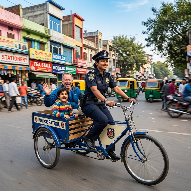 Diverse Passengers Enjoy Unique Street Ride with Female Police Officer Diverse Passengers Enjoy Unique Street Ride with Female Police Officer