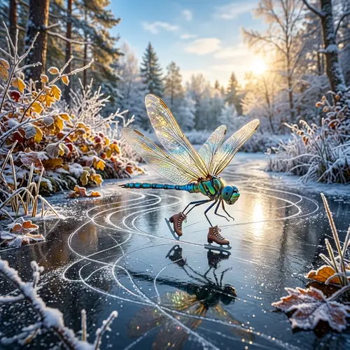Dragonfly Skating on Frozen Pond | Winter Nature Scene