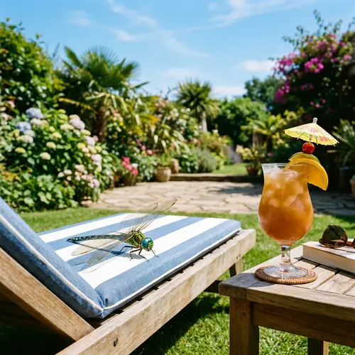 Dragonfly Resting on Sun Lounger with Tropical Cocktail