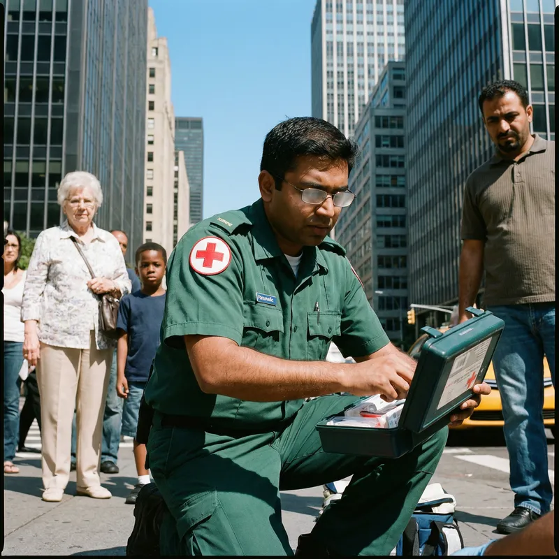 South Asian Male Paramedic in Urban First-Aid Response South Asian Male Paramedic in Urban First-Aid Response