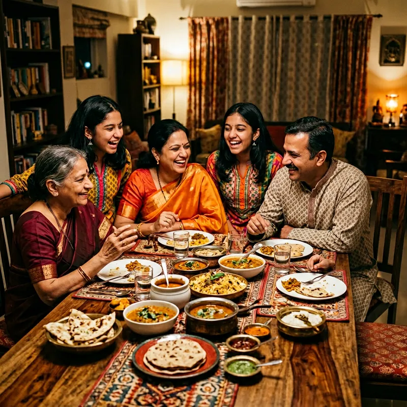Heartwarming Indian Family Dinner Scene - Vibrant Colors & Intimate Conversations