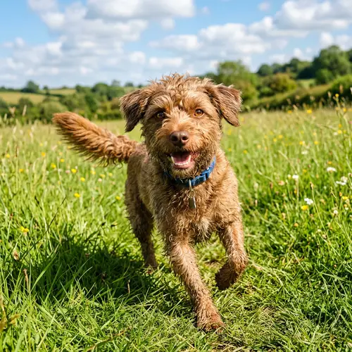 Friendly Brown Dog Playing in Green Grassy Field
