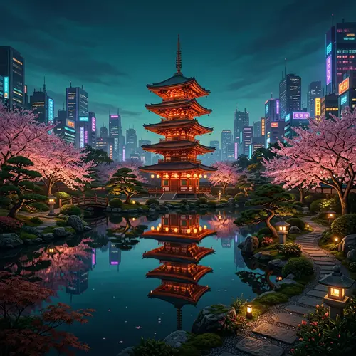 Serene Japanese Garden at Twilight with Cyberpunk Aesthetic