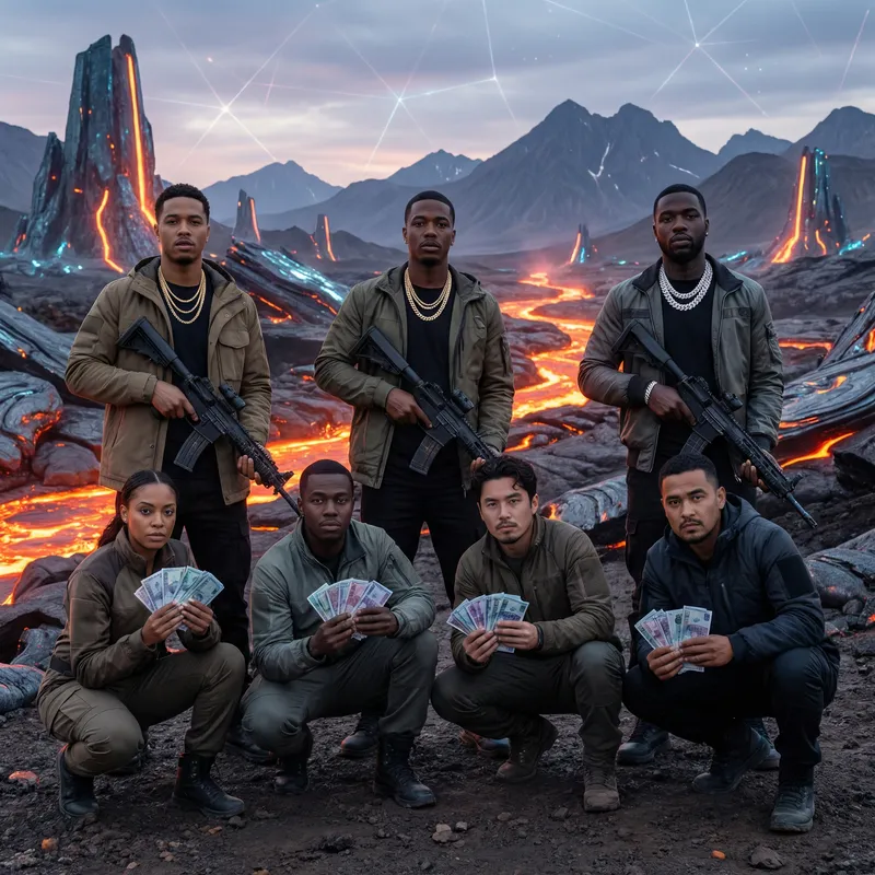 Futuristic Group Portrait with Armed Figures, Wealth, and Unique Background Futuristic Group Portrait with Armed Figures, Wealth, and Unique Background