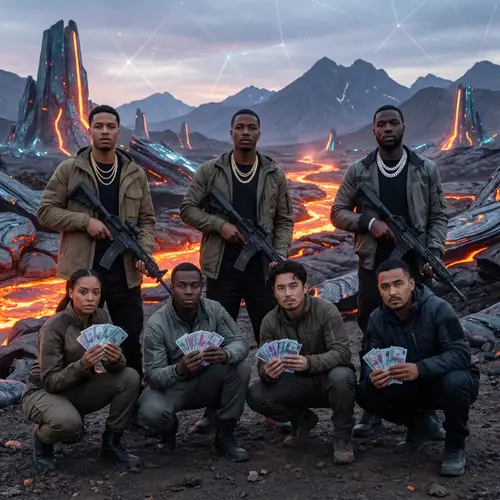 Futuristic Group Portrait with Armed Figures and Wealthy Individuals