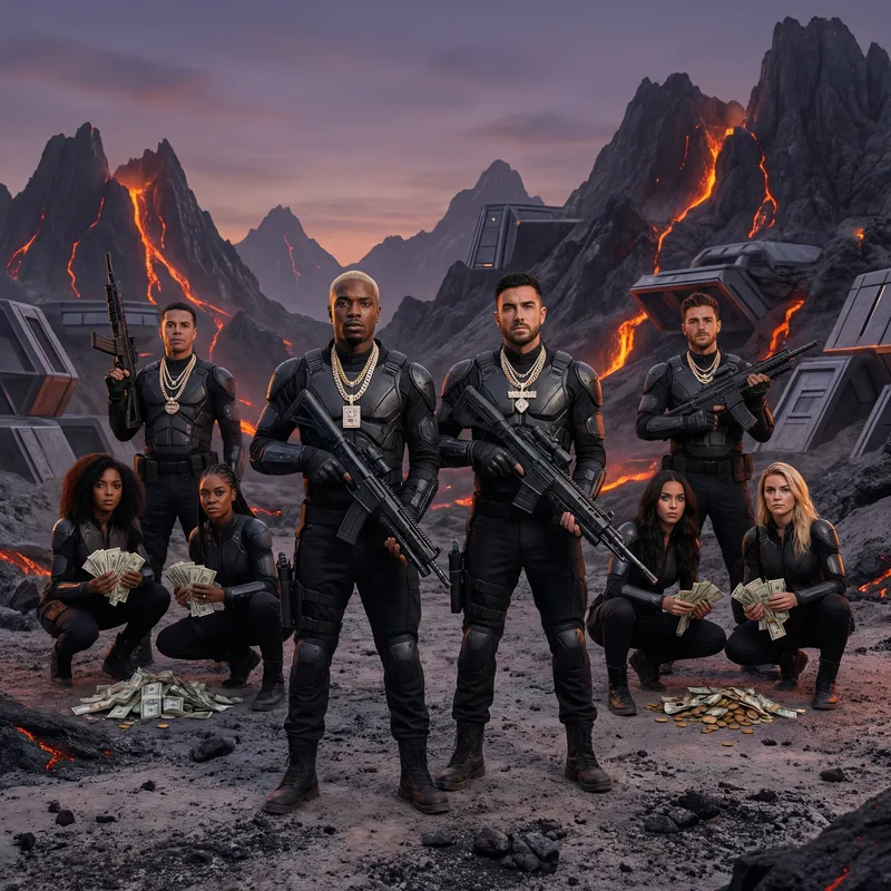 Realistic Futuristic Image of 8 People with Weapons, Gold Chains, Diamonds, Money, and Mountains with Lava Background