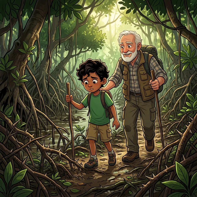 Child and Grandpa Adventurous Stroll in Animated Mangrove Exploration