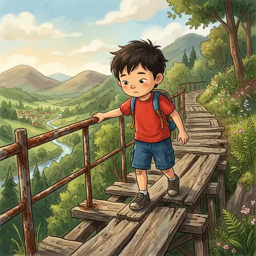 Young Asian Boy Walking on Worn-out Surface - Cartoon Scene