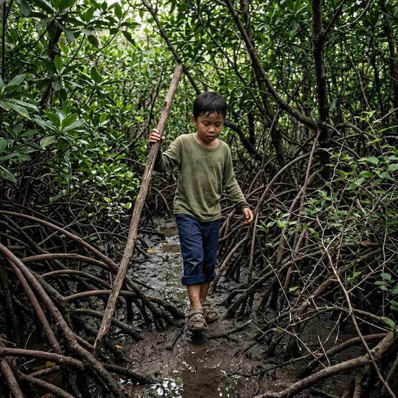 Young Child Exploring Thorny Mangrove Forest
