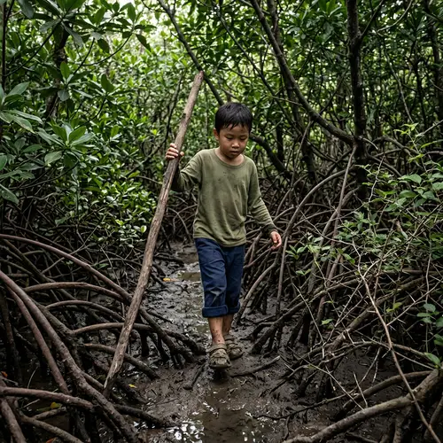 Child Walking Through Dense Mangrove Forest - Nature Encounter