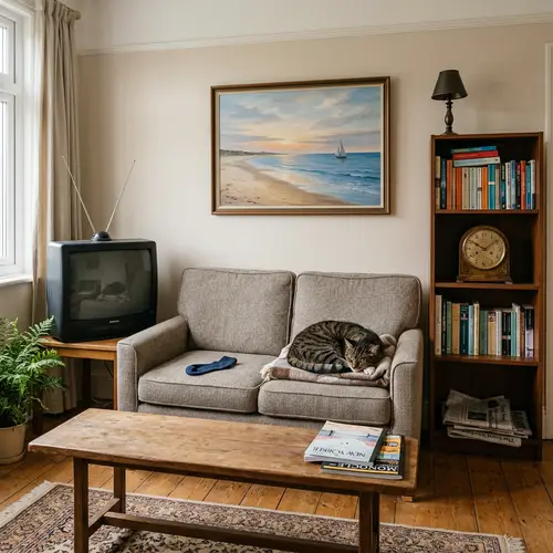 Tidy and Well-Organized Small Living Room: Books, Clock, Cat & Beach Painting