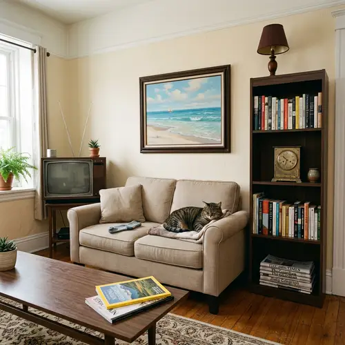 Tidy and Organized Living Room with Wooden Bookcase and Beach Painting