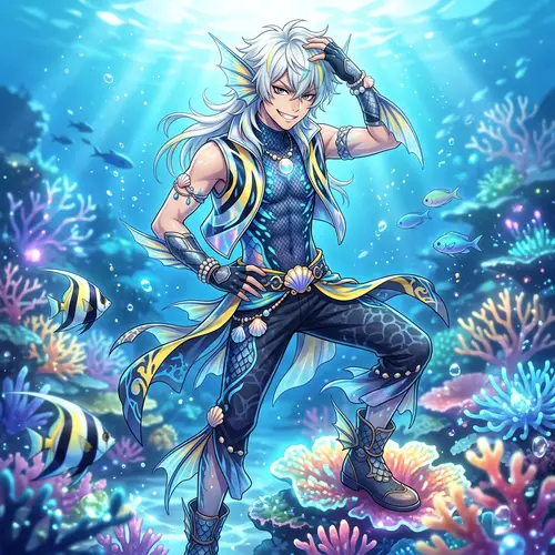 Charismatic Anime Boy with Angel Fish-Inspired Design