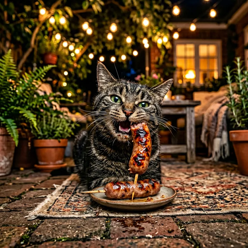 Ravenous Cat Indulging in Grilled Sausage | Cozy Backyard Setting