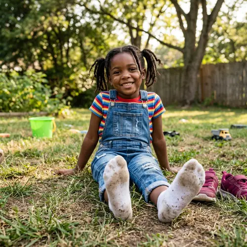 Girl Showing Soles of Feet with Dirty White Socks