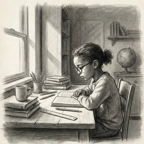 Young Child Studying Pencil Sketch | Diverse Ethnicity