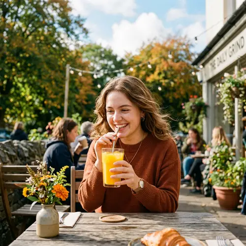 Cheerful Daisy Enjoying Fresh Juice Outdoors