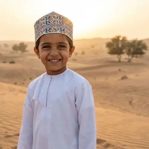 Joyful Young Omani Child in Traditional Attire | Golden Desert Landscape