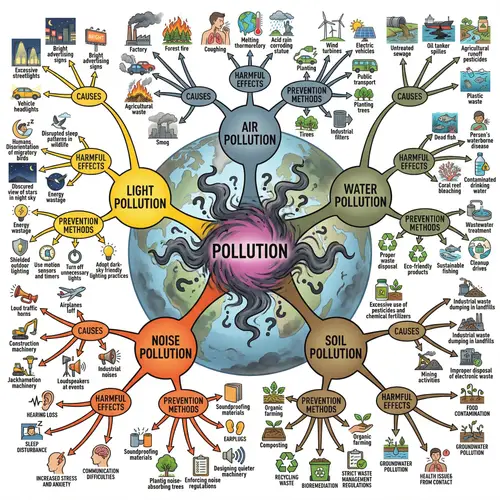 Colorful Mindmap on Pollution: Types, Causes, Effects, Prevention