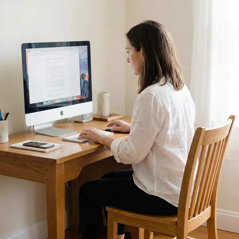Chic White Blouse & Mac Laptop Setup