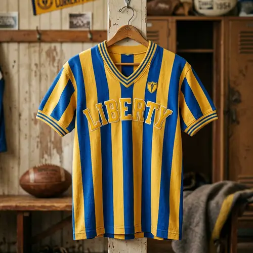 1950s Style Blue Soccer Jersey with Yellow Stripes - Liberty
