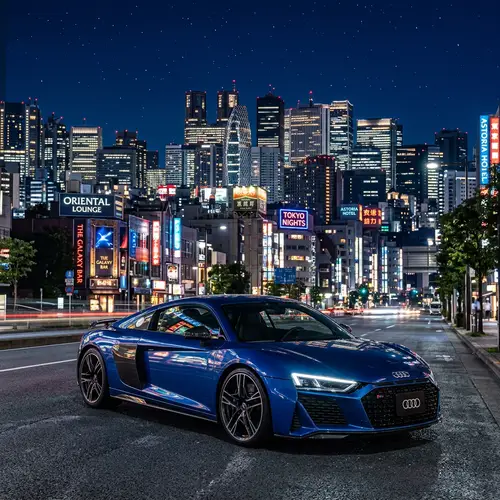 Stunning Blue Audi R8 Against Majestic Cityscape