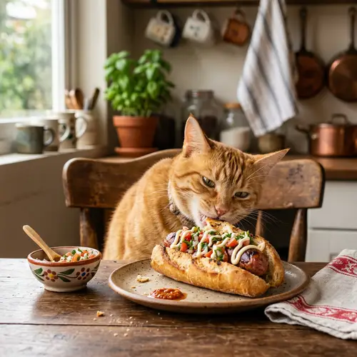 Cat Enjoying Chilean Choripan in Cozy Kitchen