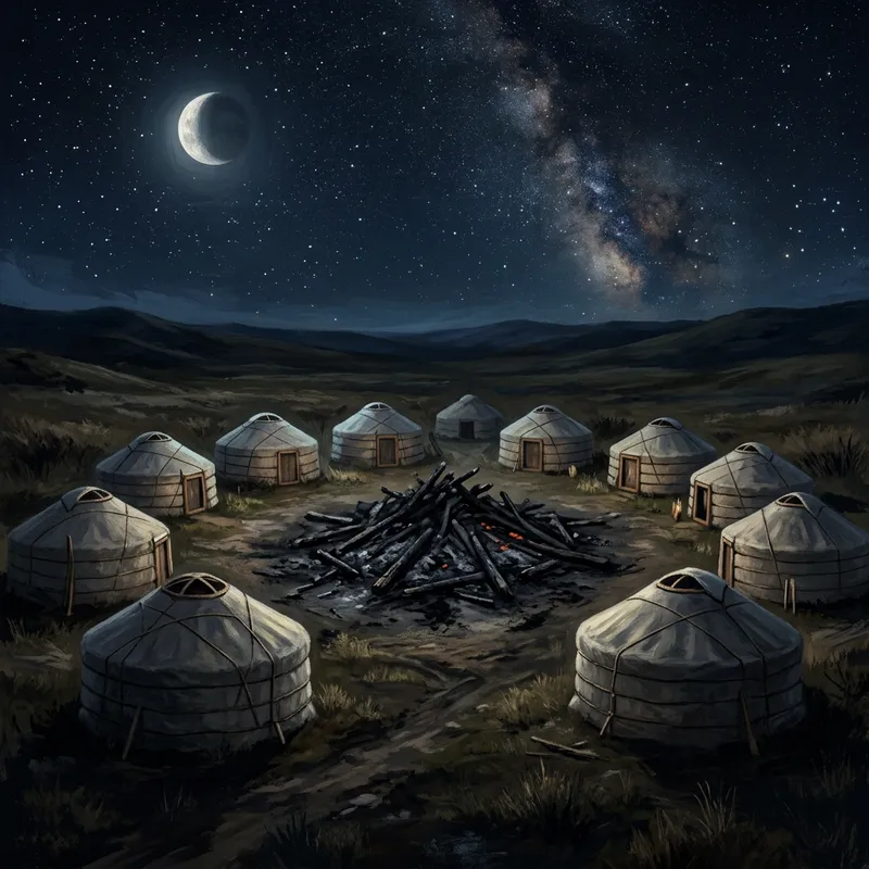 Nocturnal Bonfire among Traditional Yurts