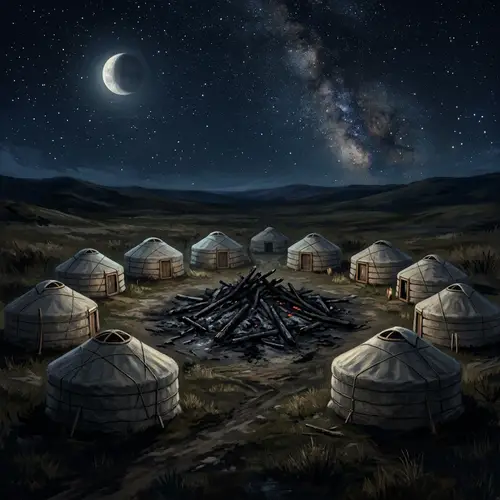 Nocturnal Scene with Faded Bonfire and Traditional Yurts