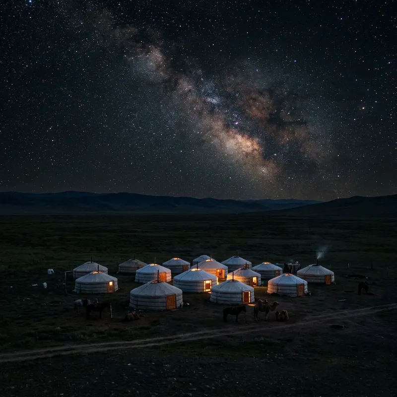 Traditional Mongolian Yurts In Night Bonfire Glow