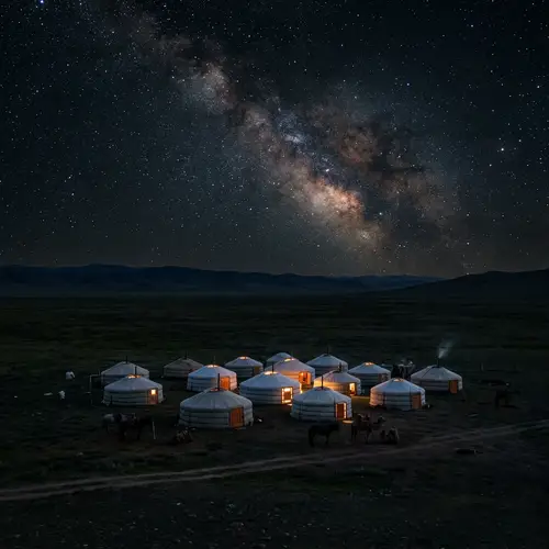 Traditional Mongolian Yurts Under Starry Night Sky
