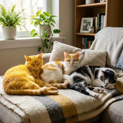 Vibrant Yellow, Lovely Yellow, and Striking Patterns: Three Cats Lounging