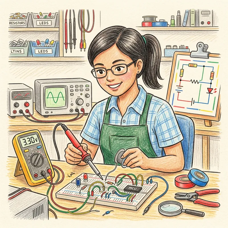 Colorful Drawing of Woman in Electrical Engineering Environment