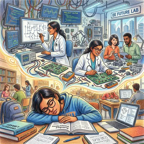 Colorful Drawing of South Asian Female Electrical Engineering Student Dreaming