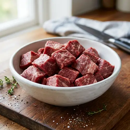Delicious Beef Cube Cuts in White Bowl