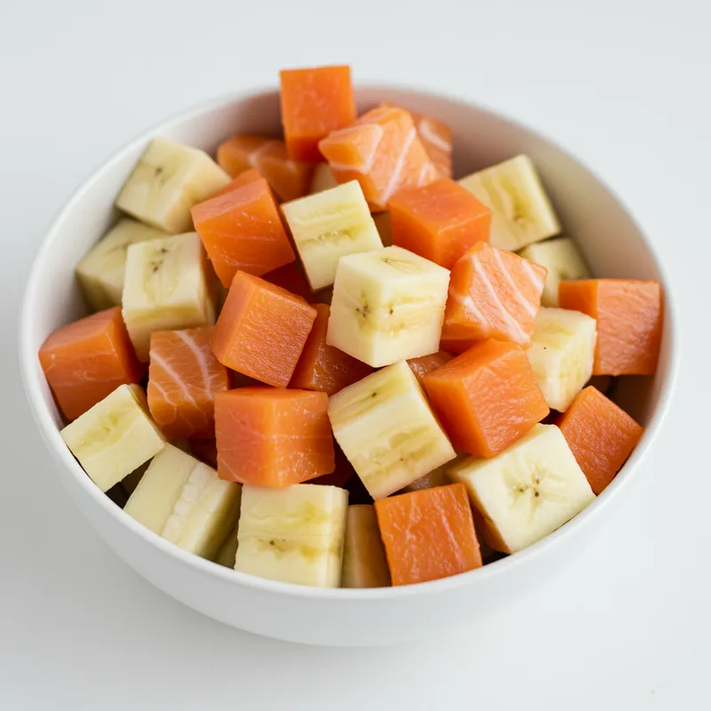 Colorful Cube Cuts of Food in a White Bowl