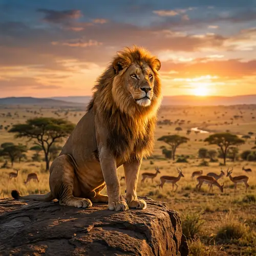 Majestic Adult Male Lion Overlooking African Savannah