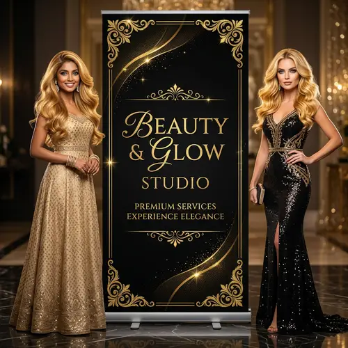 Luxurious Beauty Studio Banner with Elegant Women and Shiny Hair
