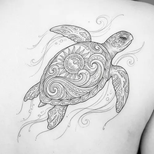 Elegant Monochrome Sea Turtle Tattoo Inspired by Polynesian Art