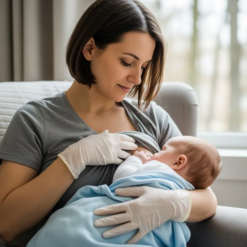 Breastfeeding in White Latex Gloves